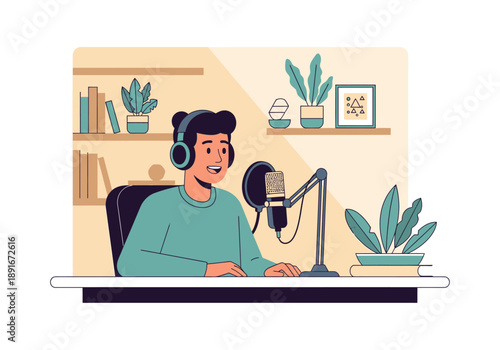 A minimalist flat design illustration depicting a podcast host in a modern, aesthetic indoor studio, speaking into a microphone with headphones