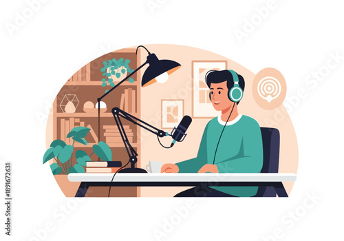 A minimalist flat design illustration depicting a podcast host in a modern, aesthetic indoor studio, speaking into a microphone with headphones