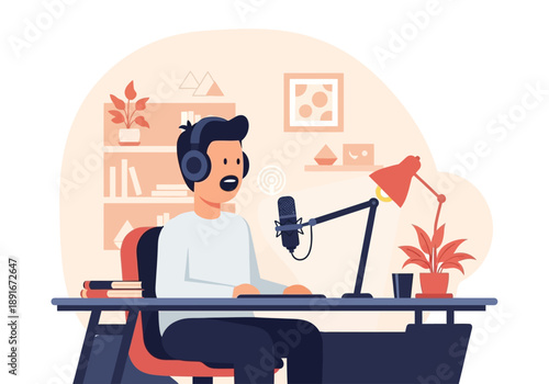 A minimalist flat design illustration depicting a podcast host in a modern, aesthetic indoor studio, speaking into a microphone with headphones