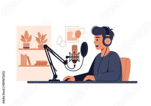 A minimalist flat design illustration depicting a podcast host in a modern, aesthetic indoor studio, speaking into a microphone with headphones