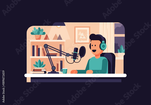 A minimalist flat design illustration depicting a podcast host in a modern, aesthetic indoor studio, speaking into a microphone with headphones