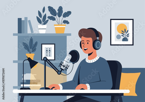 A minimalist flat design illustration depicting a podcast host in a modern, aesthetic indoor studio, speaking into a microphone with headphones