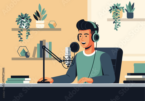 A minimalist flat design illustration depicting a podcast host in a modern, aesthetic indoor studio, speaking into a microphone with headphones