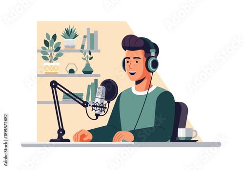 A minimalist flat design illustration depicting a podcast host in a modern, aesthetic indoor studio, speaking into a microphone with headphones