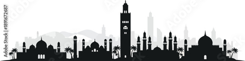 Morocco city skyline, Islamic holy sites cityscape, Kaaba and the Grand Mosque of Mecca. Middle Eastern architectural style with domes and arches, palm trees, hills or mountains silhouette