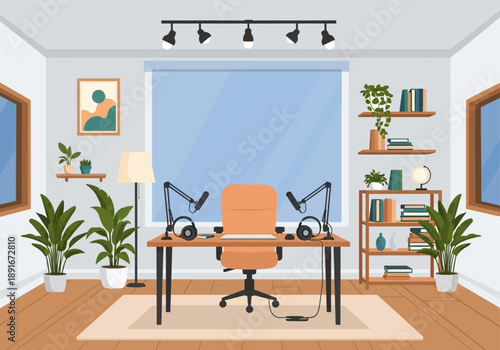 A pristine flat design illustration of an empty, aesthetically pleasing indoor podcast studio, showcasing a sleek desk with equipment and inviting decor