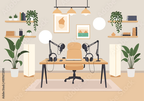 A pristine flat design illustration of an empty, aesthetically pleasing indoor podcast studio, showcasing a sleek desk with equipment and inviting decor