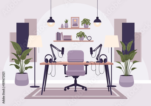 A pristine flat design illustration of an empty, aesthetically pleasing indoor podcast studio, showcasing a sleek desk with equipment and inviting decor