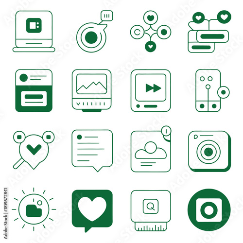 Social media and digital content icon set in green outline vector