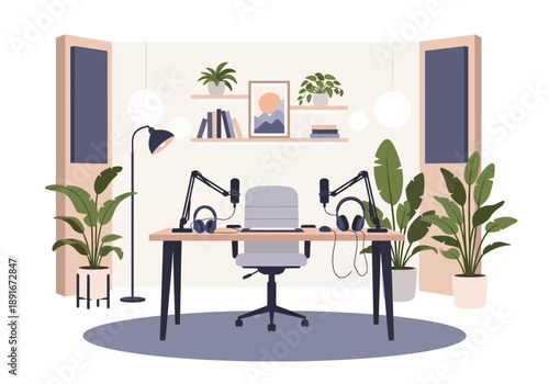 A pristine flat design illustration of an empty, aesthetically pleasing indoor podcast studio, showcasing a sleek desk with equipment and inviting decor