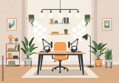 A pristine flat design illustration of an empty, aesthetically pleasing indoor podcast studio, showcasing a sleek desk with equipment and inviting decor