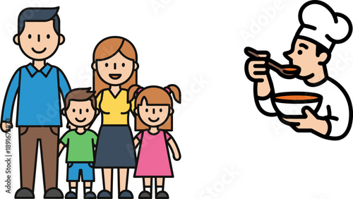 Family illustration, cartoon chef cooking, culinary arts, happy family scene, soup tasting, kitchen moment, parenting concept, food preparation, character design, lifestyle theme, domestic life