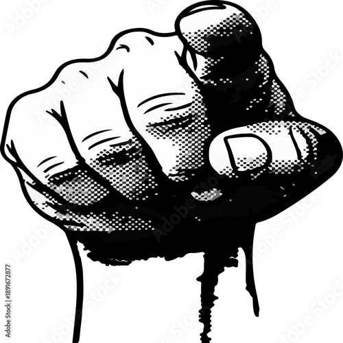 Pointing Hand: A monochrome, close-up rendering of a human hand, index finger extended in a direct point, engaging the viewer with a sense of purpose.