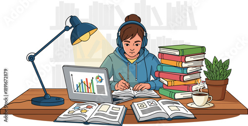 Focused study scene, student with headphones, writing notes, laptop graph, open books, desk lamp, coffee cup, organized workspace, learning environment, productivity
