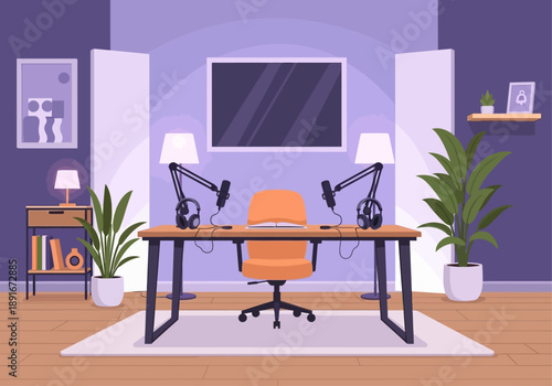 A pristine flat design illustration of an empty, aesthetically pleasing indoor podcast studio, showcasing a sleek desk with equipment and inviting decor