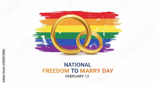 Golden wedding rings on rainbow background for national freedom to marry day on february 12 celebration
