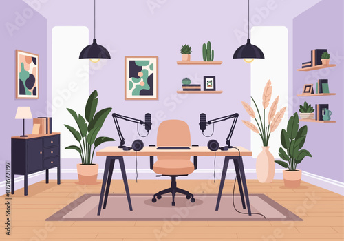 A pristine flat design illustration of an empty, aesthetically pleasing indoor podcast studio, showcasing a sleek desk with equipment and inviting decor