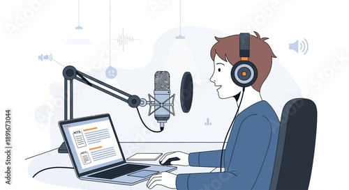 A flat design illustration featuring a focused podcast host in an aesthetic indoor setting, actively recording with a microphone, headphones, and laptop for notes