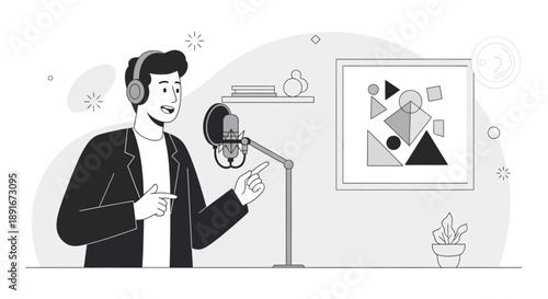 This flat design illustration portrays an energetic podcast host gesturing animatedly while speaking into a microphone, capturing the dynamic nature of live audio content
