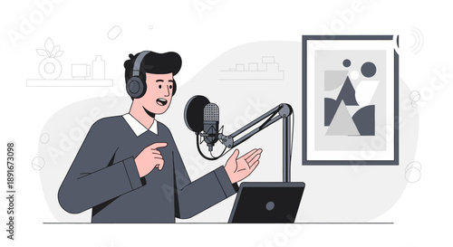 This flat design illustration portrays an energetic podcast host gesturing animatedly while speaking into a microphone, capturing the dynamic nature of live audio content