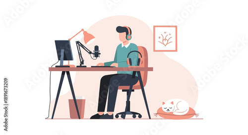 A charming flat design illustration of an aesthetic indoor podcast studio where a host records, accompanied by a peacefully curled-up pet. This clean vector art evokes a cozy and personal content