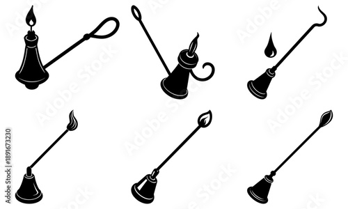 Collection of various black candle holders and torches depicted in illustrations