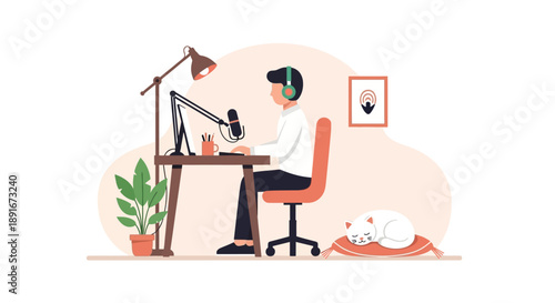 A charming flat design illustration of an aesthetic indoor podcast studio where a host records, accompanied by a peacefully curled-up pet. This clean vector art evokes a cozy and personal content