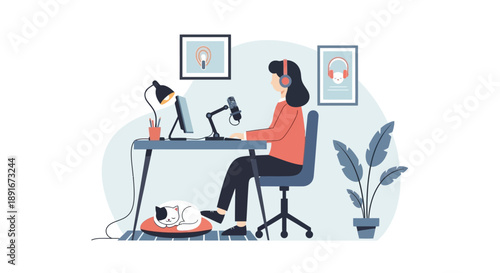A charming flat design illustration of an aesthetic indoor podcast studio where a host records, accompanied by a peacefully curled-up pet. This clean vector art evokes a cozy and personal content