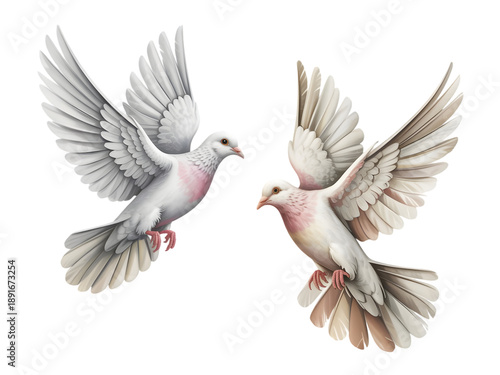 Two white doves flying towards each other isolated on transparent background