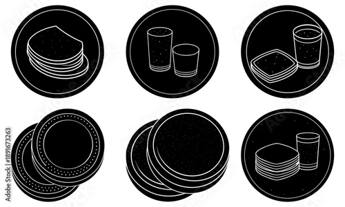 A set of dinnerware plates and cups illustrated in a minimalist style on circular icons