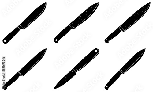 Six black kitchen knives arranged diagonally on a white background, viewed from directly above