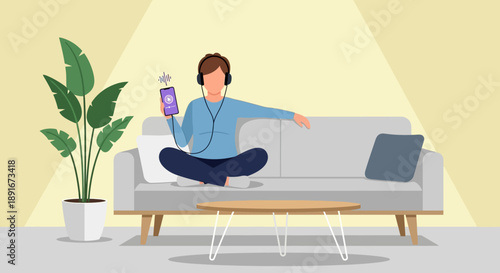 This flat design illustration depicts a person relaxing in an aesthetic indoor setting, engrossed in listening to a podcast via headphones and a smartphone