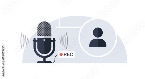 A conceptual flat design illustration symbolizing a podcast recording in progress, featuring a stylized microphone, sound waves, and a "REC" indicator
