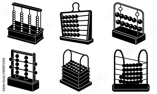 Set of abacus illustrations showcasing various designs and perspectives, highlighting mathematical tools and cultural significance in a simple graphic style.