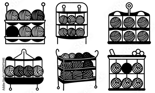 Collection of yarn balls displayed on various metal racks and hangers in a crafting environment viewed from the front