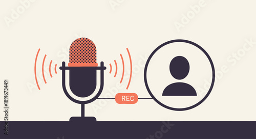 A conceptual flat design illustration symbolizing a podcast recording in progress, featuring a stylized microphone, sound waves, and a "REC" indicator