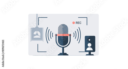 A conceptual flat design illustration symbolizing a podcast recording in progress, featuring a stylized microphone, sound waves, and a "REC" indicator