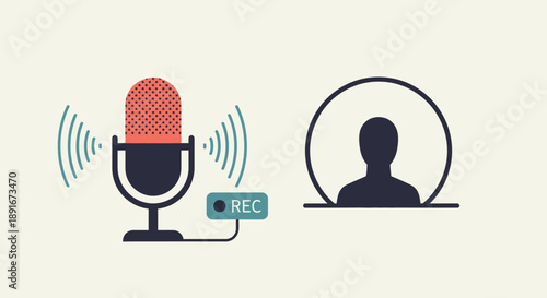 A conceptual flat design illustration symbolizing a podcast recording in progress, featuring a stylized microphone, sound waves, and a "REC" indicator