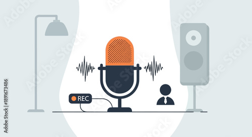 A conceptual flat design illustration symbolizing a podcast recording in progress, featuring a stylized microphone, sound waves, and a "REC" indicator