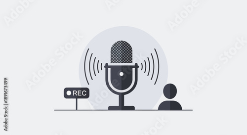 A conceptual flat design illustration symbolizing a podcast recording in progress, featuring a stylized microphone, sound waves, and a "REC" indicator