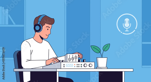 This flat design illustration shows a dedicated podcast host in an aesthetic indoor studio, carefully adjusting a minimalist sound mixer