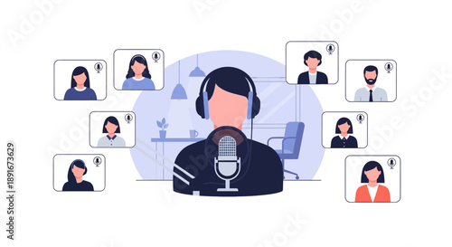 A flat design illustration depicting a central podcast host in an aesthetic studio, interviewing multiple remote guests represented in a clean, virtual layout
