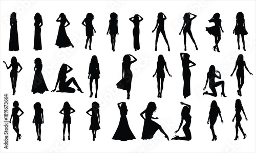 Set of Female Fashion Silhouettes in Elegant Poses, Black Woman Figures Vector Collection