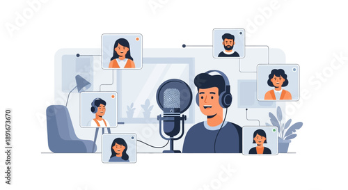 A flat design illustration depicting a central podcast host in an aesthetic studio, interviewing multiple remote guests represented in a clean, virtual layout