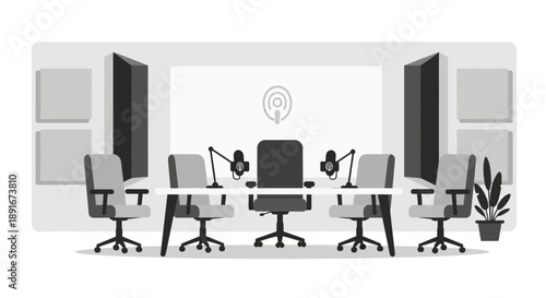 A flat design illustration of a professional, aesthetic indoor podcast studio, subtly integrating a clean, minimalist podcast logo for branding