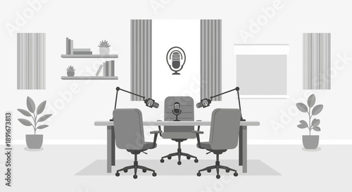 A flat design illustration of a professional, aesthetic indoor podcast studio, subtly integrating a clean, minimalist podcast logo for branding