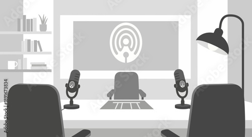 A flat design illustration of a professional, aesthetic indoor podcast studio, subtly integrating a clean, minimalist podcast logo for branding