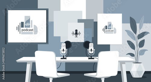 A flat design illustration of a professional, aesthetic indoor podcast studio, subtly integrating a clean, minimalist podcast logo for branding