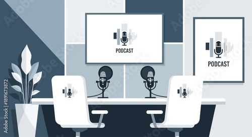 A flat design illustration of a professional, aesthetic indoor podcast studio, subtly integrating a clean, minimalist podcast logo for branding