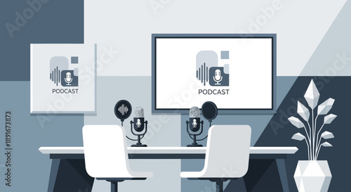 A flat design illustration of a professional, aesthetic indoor podcast studio, subtly integrating a clean, minimalist podcast logo for branding